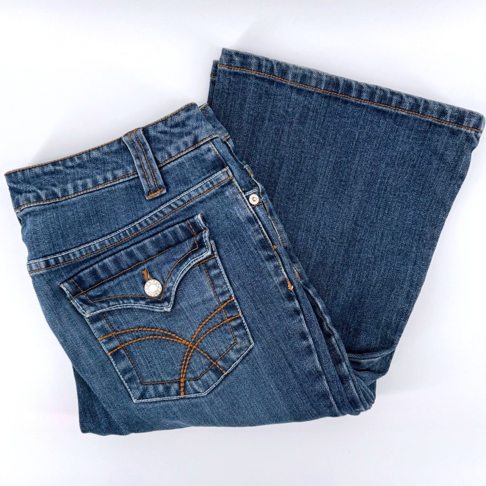 SO Wear It Declare It Flare Jeans Size 11 Blue Mid‎ Rise Button Flap Pocket Y2K